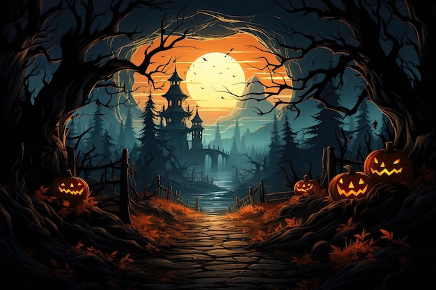 Niedlicher Halloween-Nacht-Hintergrund mit Fledermaus-Mond-Hexenhaus-Kürbis
