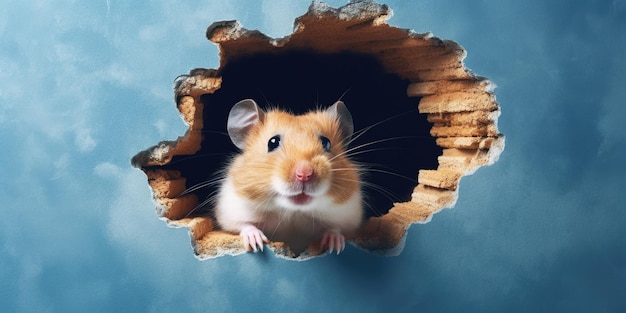 Niedlicher Hamster, der aus einem Loch in der Wand späht, zerrissenes Loch, leerer Kopierraum, Rahmenmodell, generatives KI-Bild, Weber