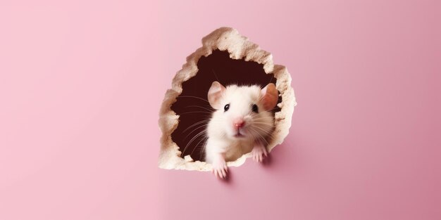 Niedlicher Hamster, der aus einem Loch in der Wand späht, zerrissenes Loch, leerer Kopierraum, Rahmenmodell, generatives KI-Bild, Weber