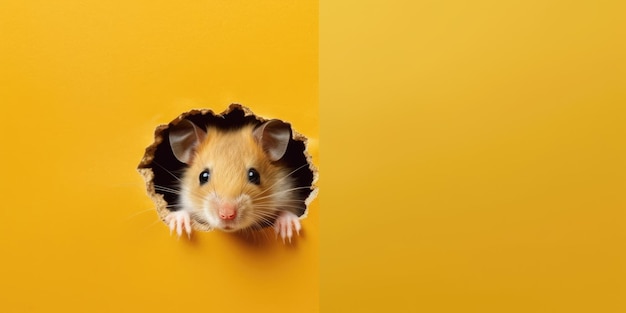 Niedlicher Hamster, der aus einem Loch in der Wand späht, zerrissenes Loch, leerer Kopierraum, Rahmenmodell, generatives KI-Bild, Weber