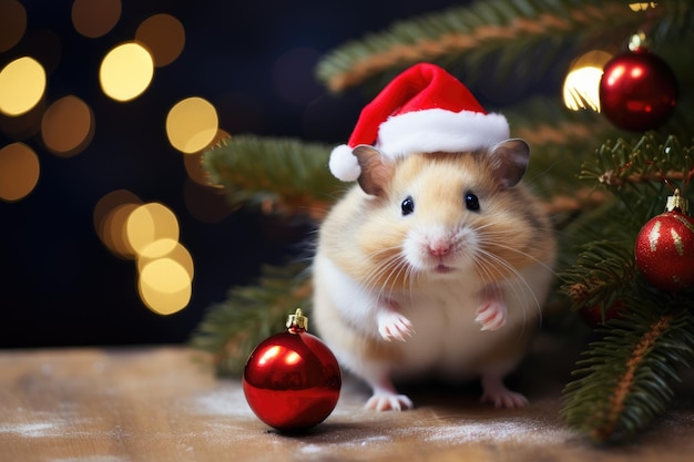 Niedlicher Hamster mit Weihnachtsmütze und Weihnachtsbaum mit Bokeh-Hintergrund