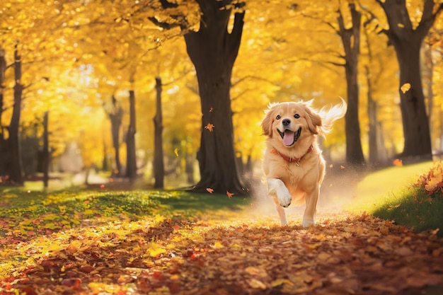 Niedlicher Haushund auf einem Spaziergang im Park Hund im Herbstpark Tierpflege Ein glücklicher Hund spielt im Park Kopierraum