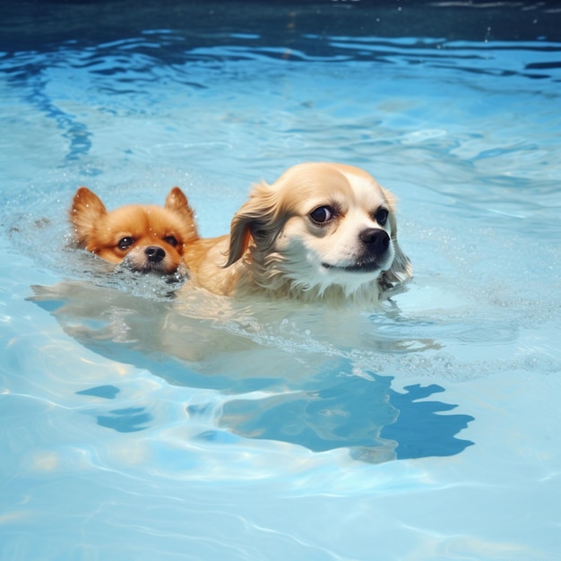 Niedlicher Hund, der himmelblaues Poolwasserbild schwimmt, KI-generierte Kunst