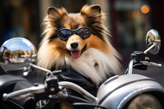 Niedlicher Hund, der mit Sonnenbrille auf einem Motorrad fährt. Generative KI