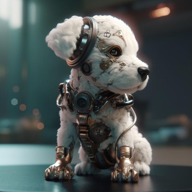 Niedlicher Hund im futuristischen Anzug. KI-generierte Kunst
