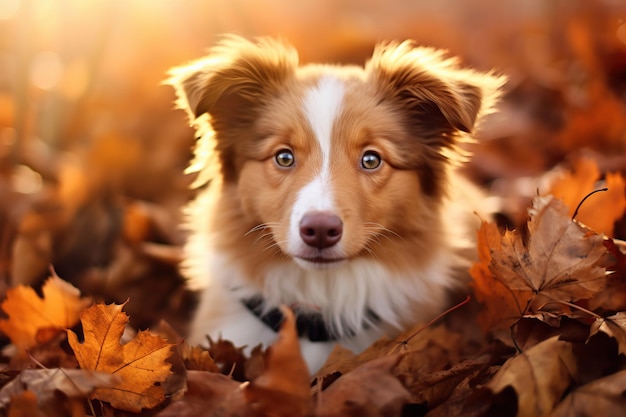 Niedlicher Hund im Herbstlaub Generative KI