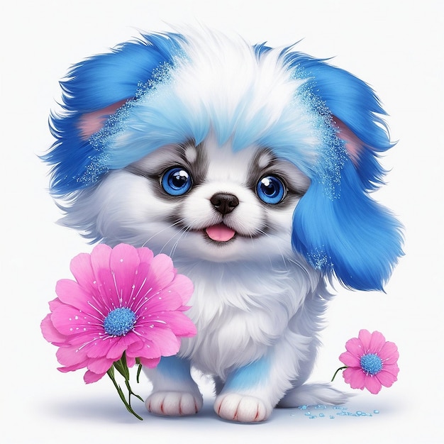 Niedlicher Hund in Blau und Weiß mit einer Blume