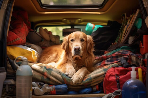 Niedlicher Hund ist bereit, im Auto zu reisen. Roadtrip mit Haustier im Sommerurlaub