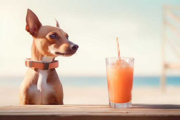 Niedlicher Hund mit Cocktail, der sich am Sandstrand in der Nähe des Meeres im Sommerurlaub mit generativer Haustier-KI entspannt