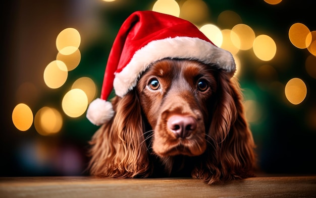 Niedlicher Hund mit Weihnachtsmannmütze vor verschwommener Weihnachtsbeleuchtung mit Kopierraum