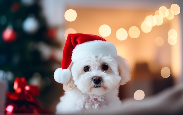 Niedlicher Hund mit Weihnachtsmannmütze vor verschwommener Weihnachtsbeleuchtung mit Kopierraum