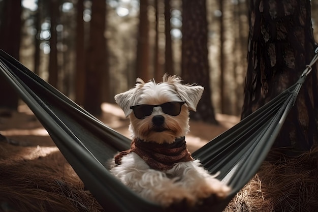 Niedlicher Hund sitzt auf einer Hängematte in einem generativen Kiefernwald