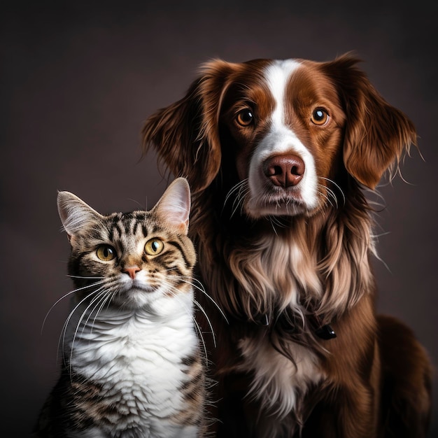Niedlicher Hund und Katze zusammen Studioporträt auf dunklem Hintergrund