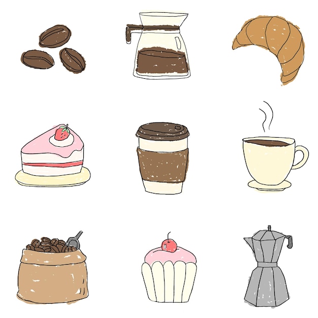 Niedlicher Kaffee-Doodle-Design-Element-Set