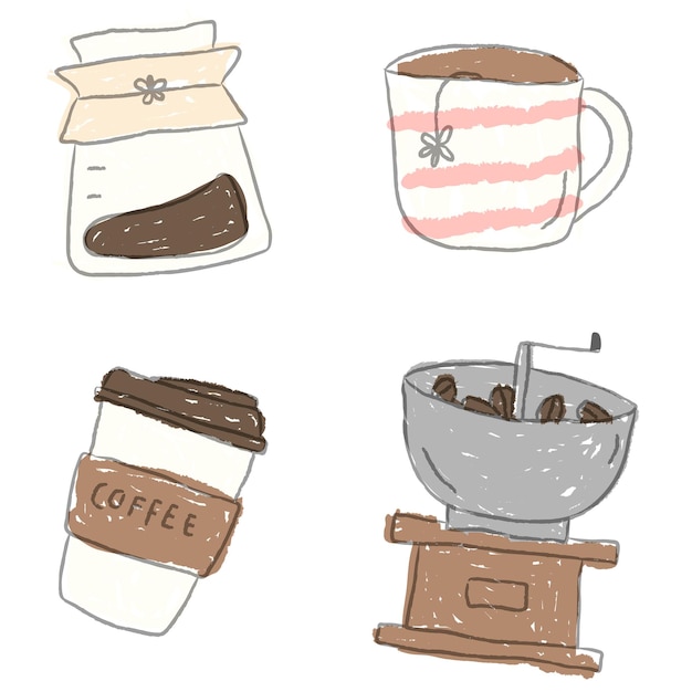 Niedlicher Kaffee-Doodle-Design-Element-Set
