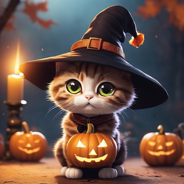 Niedlicher Katzenhexe-Cartoon-Halloween-Tag