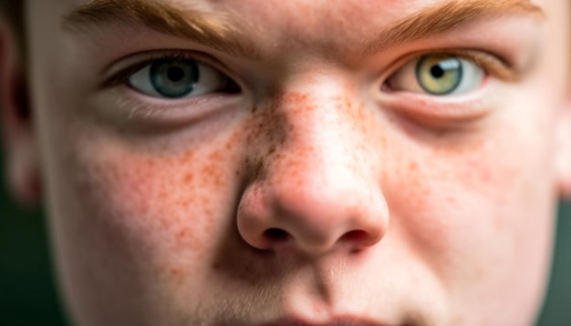 Niedlicher kaukasischer Junge im Freien, der mit von KI erzeugten blauen Augen in die Kamera blickt