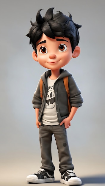 Niedlicher kleiner Cartoon-Junge mit schwarzem Haar, schwarz gekleidet, stehend und lächelnd