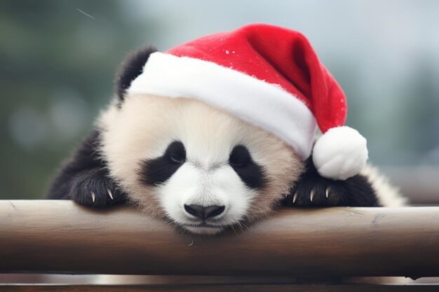 Niedlicher kleiner festlicher Panda, der eine Weihnachtsmannmütze trägt