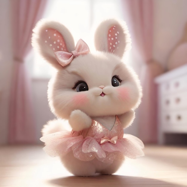 Niedlicher kleiner flauschiger Hase als Ballerina. Entzückender Hase im rosafarbenen Kleid einer Balletttänzerin