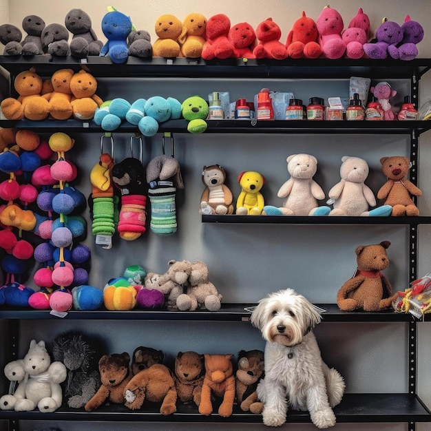 Niedlicher kleiner Hund und Spielzeug in den Regalen im Laden