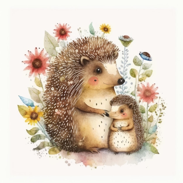 Niedlicher kleiner Igel mit Mama Aquarellmalerei Illustration AI GenerativexA