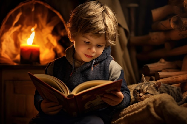 Niedlicher kleiner Junge, der zu Hause unter brennender Kerze ein Buch liest. Porträt eines Lerngeschichtenkindes, das KI generiert
