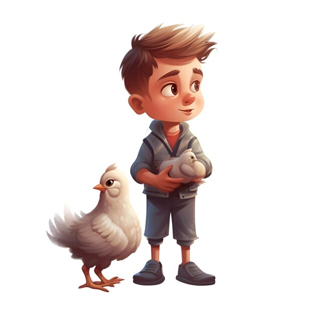 Niedlicher kleiner Junge mit einem Huhn auf weißem Hintergrund, Vektorillustration