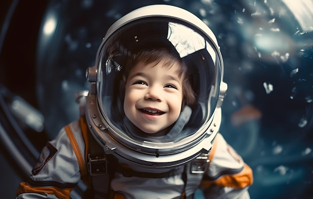 Niedlicher kleiner Junge trägt Raumanzug und blickt in die Kamera, während er den Weltraum erkundet