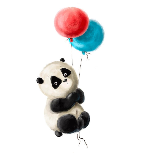 Niedlicher kleiner Panda mit Luftballons Kinderillustration mit Cartoon-Charakter-Aquarell-Clipart