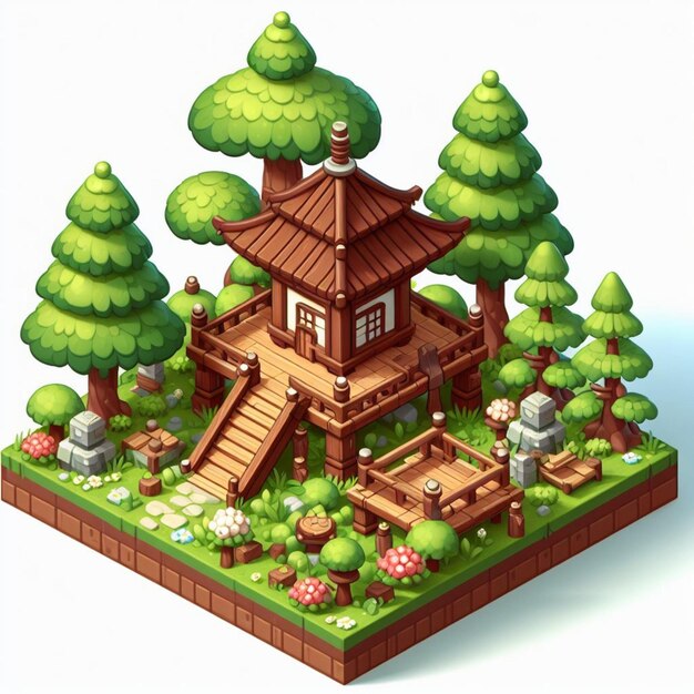 niedlicher kleiner Wald-Zen-Holztempel 3D-Spiel isometrischer detaillierter weißer Hintergrund