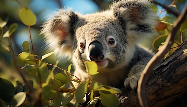 Niedlicher Koala sitzt auf einem Ast und blickt in die von künstlicher Intelligenz erzeugte Kamera