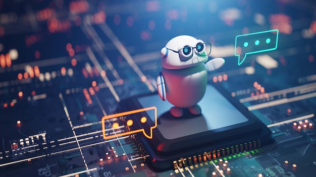 Niedlicher Konversations-Copilot-KI-Roboter mit Sprechblase 3D-Rendering