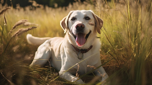 Niedlicher Labrador-Hund sitzt auf Grasgartenbild KI-generierte Kunst