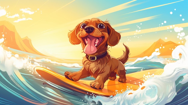 Niedlicher lustiger Hund, der auf Meereswellen-Sommerbanner surft