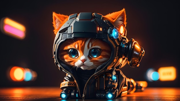Niedlicher Mini-Cyberpunk-Hintergrund mit orangefarbener Katze. Generative KI
