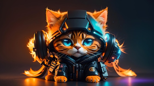 Niedlicher Mini-Cyberpunk-Hintergrund mit orangefarbener Katze. Generative KI