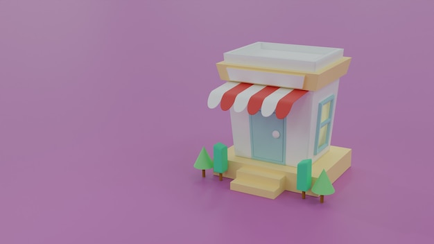 Foto niedlicher minimaler homeshop mit leerem labelnamen auf violettem hintergrund, einfache geometrische form, kleiner laden im cartoon-stil, 3d-rendering-illustration