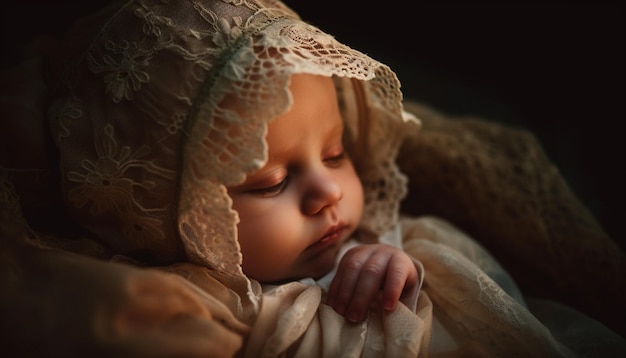 Niedlicher neugeborener Junge, der friedlich in einer gemütlichen Decke im Freien schläft, generiert von KI