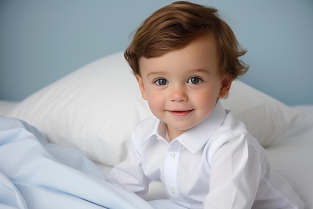Niedlicher neugeborener Junge in einem weißen Tuch liegt in einem Bett in einem hellen Schlafzimmer. Glückliches Baby unter einer Decke