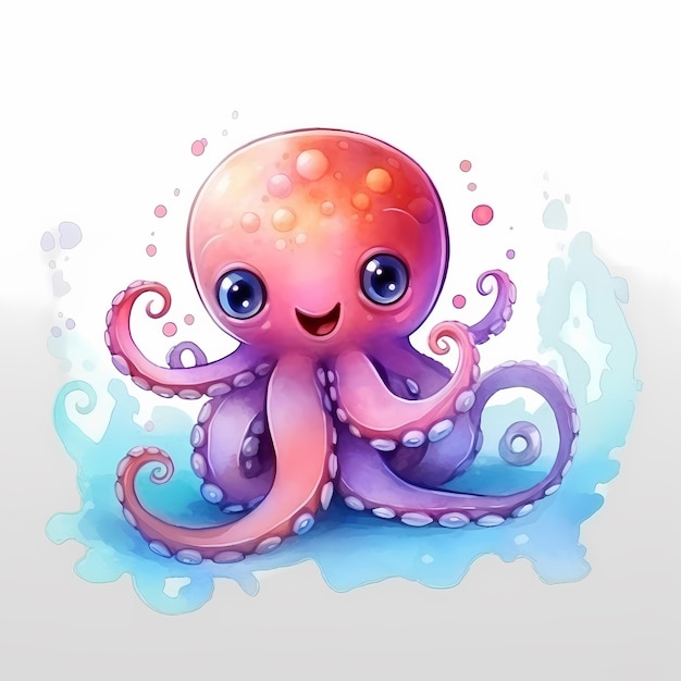 Niedlicher Oktopus-Cartoon-Unterwassertiere-Aquarell-Aquarellentwurf