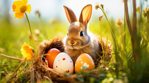 Foto niedlicher osterhase mit ostereiern sitzt in einem garten