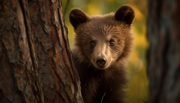 Niedlicher Panda blickt in die Kamera im von KI generierten Wald