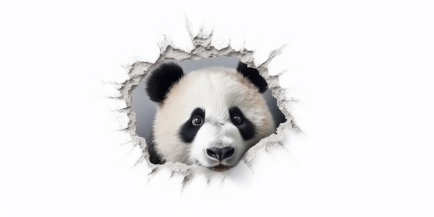 Niedlicher Panda, der aus einem Loch in der Wand guckt, zerrissenes Loch, leerer Kopierraum, Rahmenmodell, generatives KI-Bild, Weber