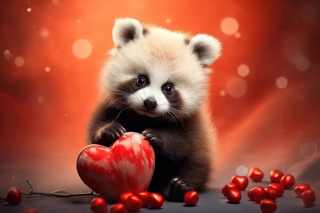 Niedlicher Pandabär mit rotem Herz auf Bokeh-Hintergrund. Entzückender neugeborener Panda mit rotem Herz. Valentinstag HDR AI generiert