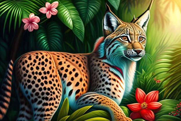 Niedlicher realistischer Luchs auf tropischem Dschungel voller exotischer Blumen und Blätter
