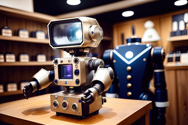 Niedlicher, realistischer Roboterassistent auf der Ladentheke, Chat-Bot-Assistent in Online-Shops