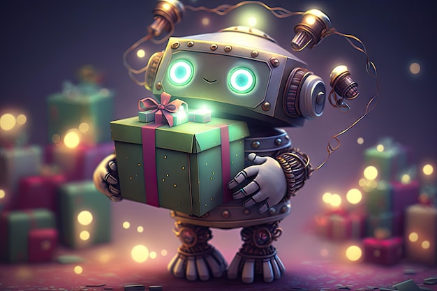 Niedlicher Roboter mit Geschenkbox, umgeben von festlichen Dekorationen und Lichtern