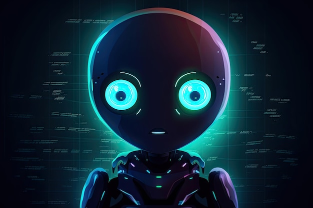 Niedlicher Roboter mit großen Augen auf dunklem Hintergrund Generative KI