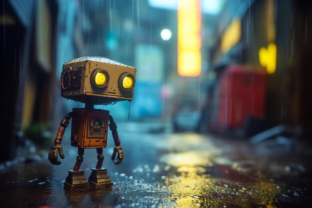 Niedlicher Roboter unter der Regen-KI-Generierung